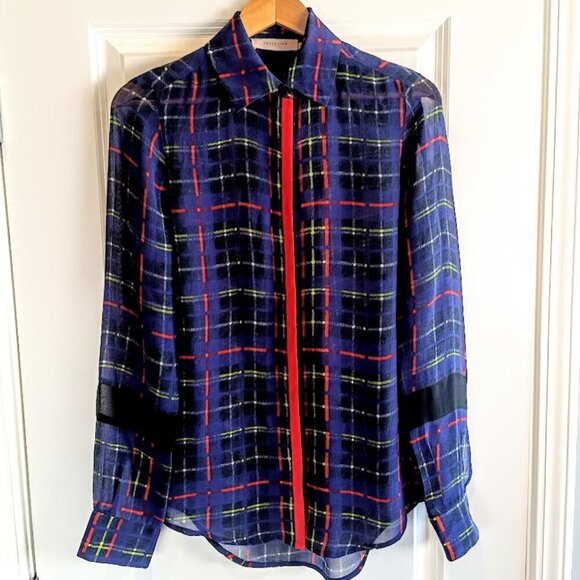 Preen Line Plaid Silk Sheer Long Sleeve Blouse - Picture 1 of 7